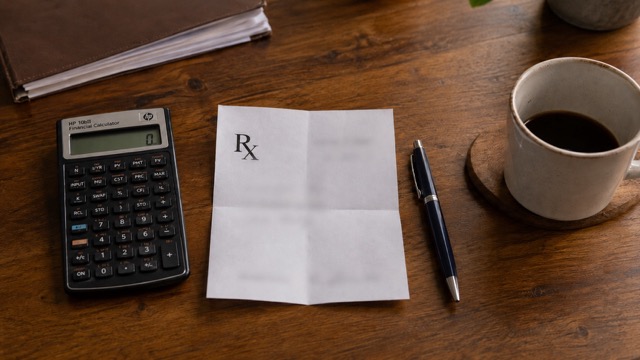 Calculator and prescription papers on a wooden desk