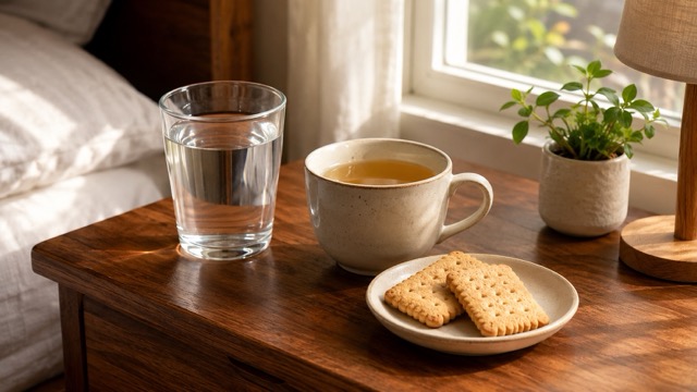 A glass of water and ginger tea on a bedside table