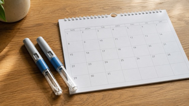 Two empty injection pens beside a calendar