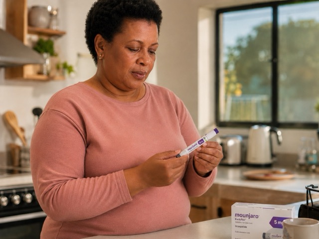 A South African person holding a Mounjaro KwikPen on a clean kitchen counter with morning light